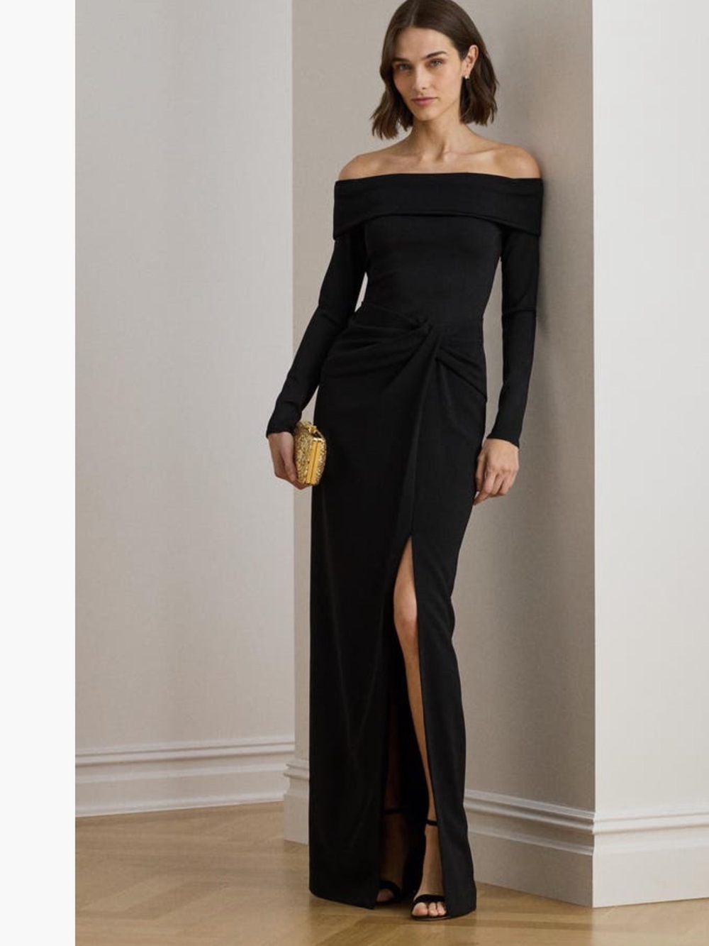 Lauren Ralph Lauren Off-the-Shoulder Mixed Media Crepe Gown NWT Black Size 6